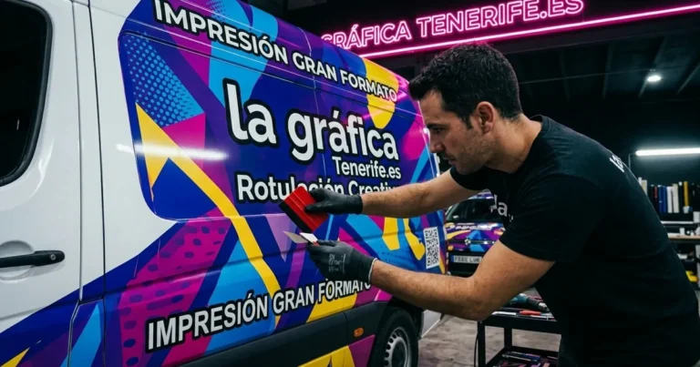 Técnico aplicando vinilo de rotulación en furgoneta blanca en taller La Gráfica Tenerife