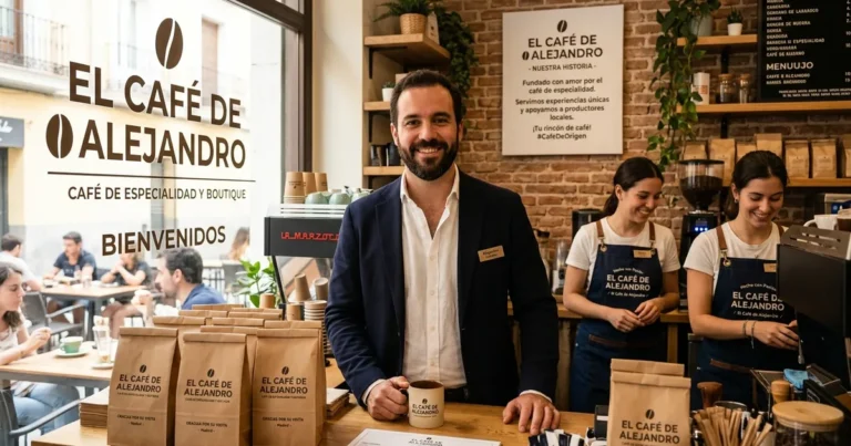 Propietaria de negocio local con merchandising personalizado de empresa en Tenerife